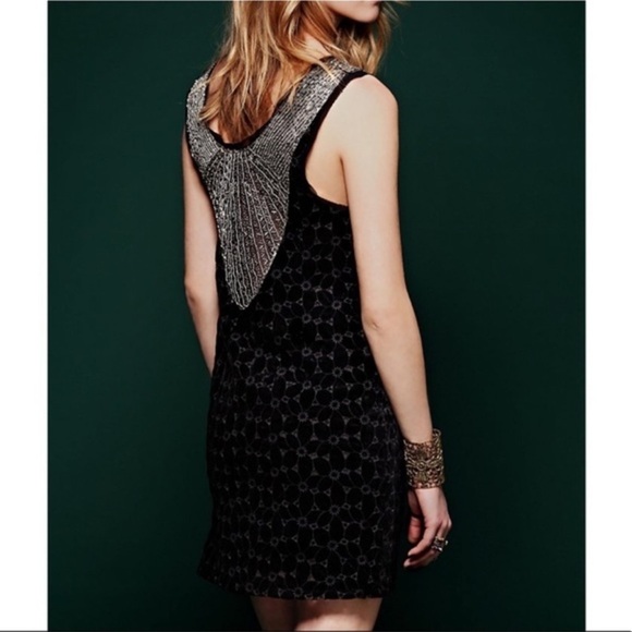 Free People Women’s Beaded Black Velvet Mini Shift Dress - Picture 2 of 15
